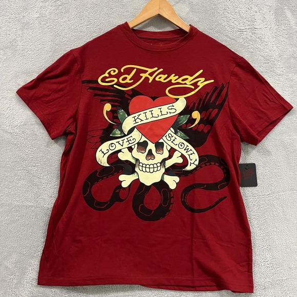 Ed Hardy Shirt Men M Dragon Tattoo Red Graphic Y2K Skull Heart‎ Grunge Snake